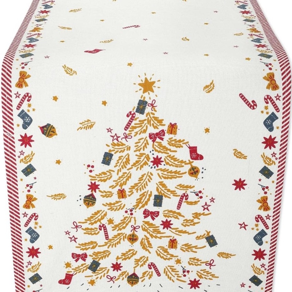 NWT Folkulture Christmas Table Runner 72" Long Tassels, 100% Cotton Farmhouse